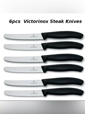 VICTORINOX 6pc 4.25" Swiss Classic STEAK Knife, SERRATED
Edge, Black Handle, NEW